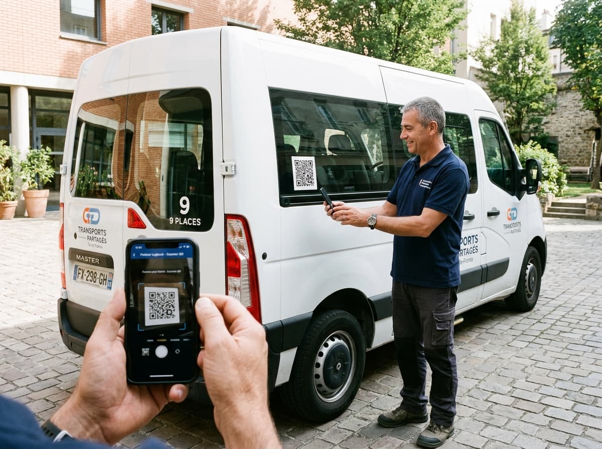 Conducteur d'une association médico-sociale scannant le QR code sur le minibus de tournée